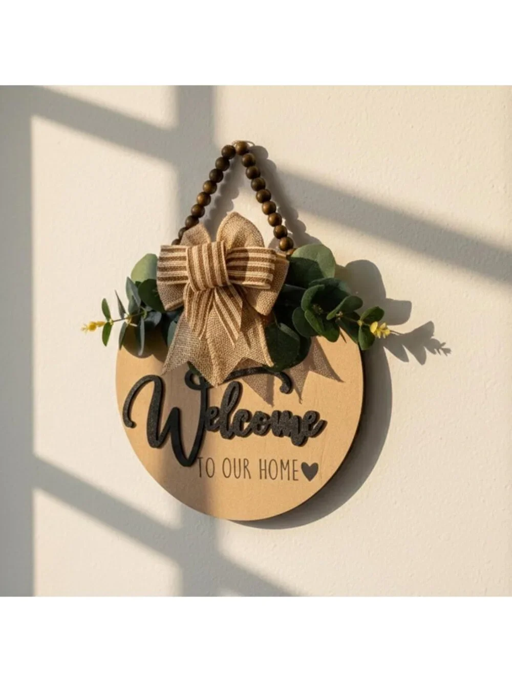 3D Welcome Sign for Front Door | Rustic Wooden Hanging Décor with Leaves & Beads